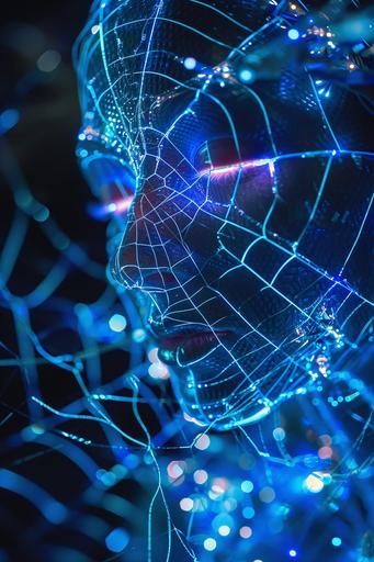 digital alien goddess cyborg spider, photonegative refractograph spider web of fiber optic led, circuit board skin texture --ar 2:3 --v 6.0