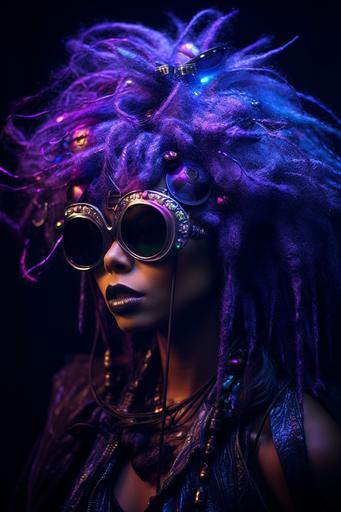 digital amazonian queen in a purple Merkin wig, fiber optic dreadlocks, anaglyphic sunglasses, cinematic lighting --ar 2:3