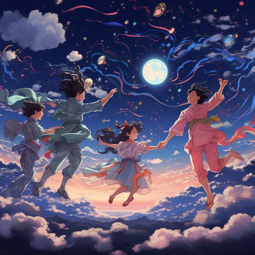 anime style, Characters dancing on clouds or with the moon and stars, ar 16:9
