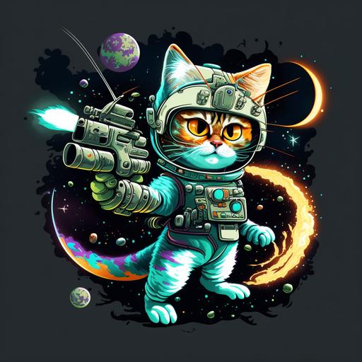 digital art, cartoon galactic hunter cat in space with astronaut suit and a galactic gun in rick and morty style, SPOTLIGHT