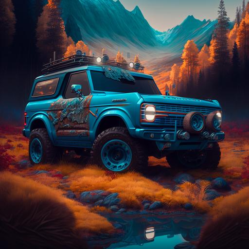 digital art of a blue Ford Bronco, all terrain, highly detailed, retro futuristic, 3/4 view, vibrant rich autumn colors, painting, sharp focus, rule of thirds, intricate details, dark fantasy, shallow depth of field::1.5 kitsch, ugly, oversaturated, grain, low-res, blurry, old, text, b&w, monochrome, collage, watermark, disfigured, out of frame, tiling, unrealistic, amateur art, matte, paper, bad proportions, photo frame, vignette, blender::-0.5,8k --q 2 --v 4