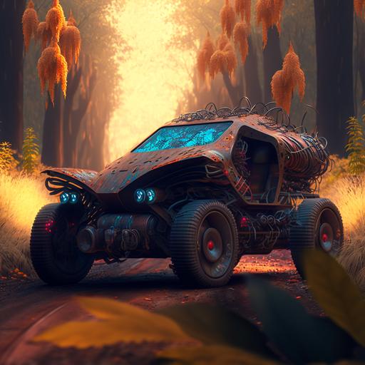 digital art of a buggy car, all terrain, highly detailed, retro futuristic, 3/4 view, vibrant rich autumn colors, painting, sharp focus, rule of thirds, intricate details, dark fantasy, shallow depth of field::1.5 kitsch, ugly, oversaturated, grain, low-res, blurry, old, text, b&w, monochrome, collage, watermark, disfigured, out of frame, tiling, unrealistic, amateur art, matte, paper, bad proportions, photo frame, vignette, blender::-0.5,8k --q 2 --v 4