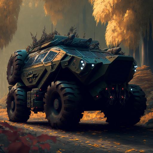 digital art of a dark green military Bronco, all terrain, highly detailed, retro futuristic, 3/4 view, vibrant rich autumn colors, painting, sharp focus, rule of thirds, intricate details, dark fantasy, shallow depth of field::1.5 kitsch, ugly, oversaturated, grain, low-res, blurry, old, text, b&w, monochrome, collage, watermark, disfigured, out of frame, tiling, unrealistic, amateur art, matte, paper, bad proportions, photo frame, vignette, blender::-0.5,8k --q 2 --v 4