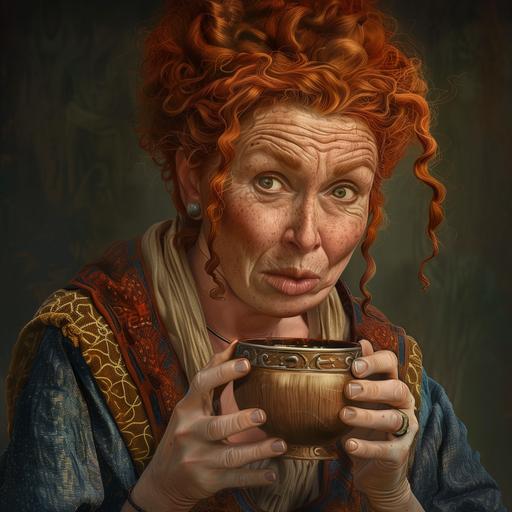 digital art of a plump middleaged red haired woman with a worried look is holding a wooden cup of water --v 6.0