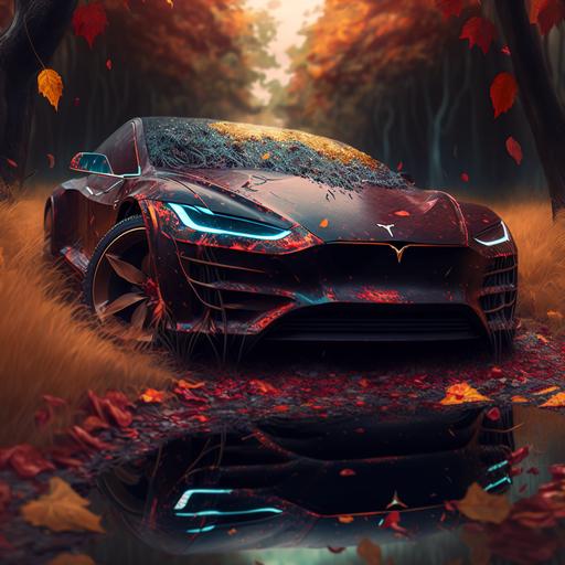 digital art of a tesla car, all terrain, highly detailed, retro futuristic, 3/4 view, vibrant rich autumn colors, painting, sharp focus, rule of thirds, intricate details, dark fantasy, shallow depth of field::1.5 kitsch, ugly, oversaturated, grain, low-res, blurry, old, text, b&w, monochrome, collage, watermark, disfigured, out of frame, tiling, unrealistic, amateur art, matte, paper, bad proportions, photo frame, vignette, blender::-0.5,8k --q 2 --v 4
