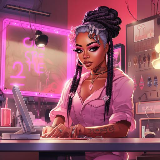 digital art of melanated woman with make up wearing black box braids and salon smock, standing in pink nail salon infront the desk with nail drill and other nail tech tools. sign in the background that reads Beauty Bae in neon, 2D, vector illustration