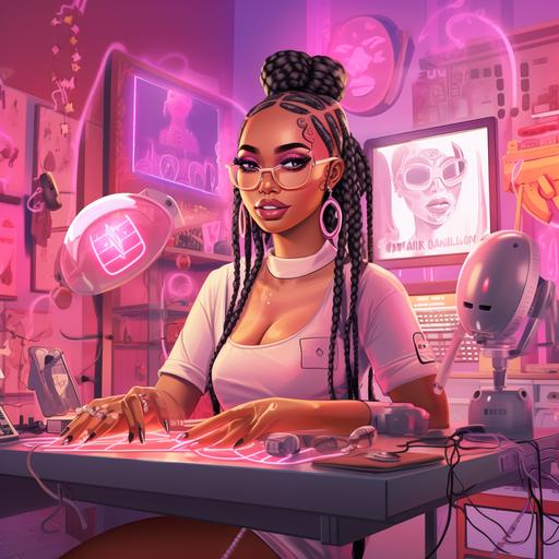 digital art of melanated woman with make up wearing black box braids and salon smock, standing in pink nail salon infront the desk with nail drill and other nail tech tools. sign in the background that reads Beauty Bae in neon, 2D, vector illustration