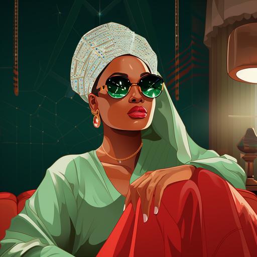 digital cartoon illustration of african American fine features woman wearing a rhinestone head wrap she’s wearing diamond frame square clear shades and has glam green eyeshadow glitter with almond shaped hazel eyes she’s sitting on her room floor in very luxurious Versace robe red and sliver colored with matching red slippers she’s sitting on large fuzzy white carpet she’s lighting up her sage and reading her notes her room is beautiful and luxurious fine colors deep lines intricate