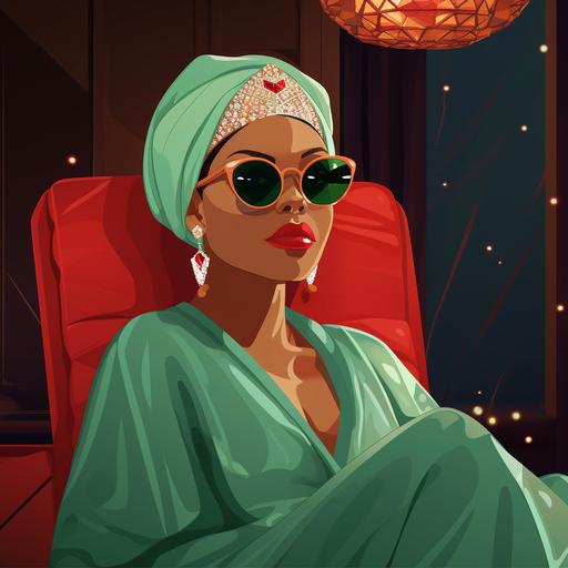 digital cartoon illustration of african American fine features woman wearing a rhinestone head wrap she’s wearing diamond frame square clear shades and has glam green eyeshadow glitter with almond shaped hazel eyes she’s sitting on her room floor in very luxurious Versace robe red and sliver colored with matching red slippers she’s sitting on large fuzzy white carpet she’s lighting up her sage and reading her notes her room is beautiful and luxurious fine colors deep lines intricate