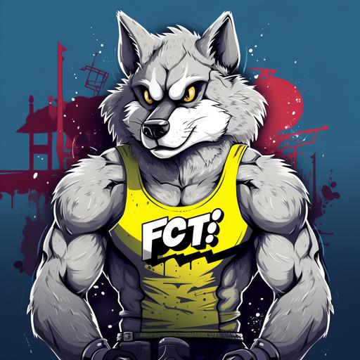 digital cartoon wolf with muscles wearing a sweat band and tank top with the words cush fit on it with graffiti back ground