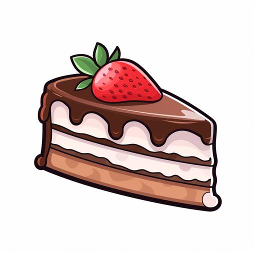 digital icon, cartoon style, minimalism, clean, white background, ultra thick black outline, slice of chocolate cake, gooey icing, strawberry on top --stylize 125