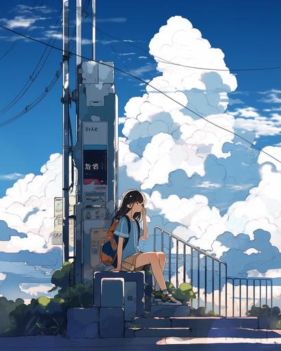digital manga illustration, a boy smoking a cigarette, Japanese vending machine, ocean breeze, anime clouds. Luminos brushwork. --niji 5 --c 10 --stylize 600 --style original --ar 4:5