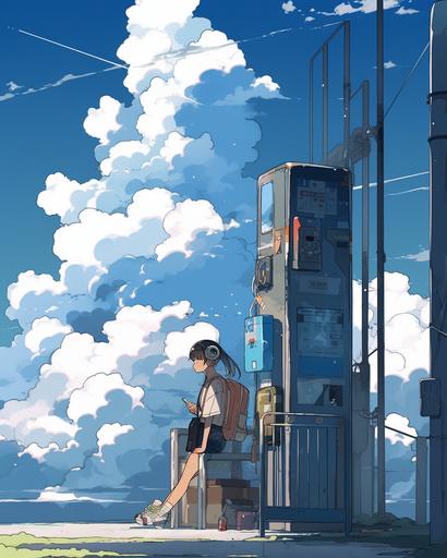 digital manga illustration, a boy smoking a cigarette, Japanese vending machine, ocean breeze, anime clouds. Luminos brushwork. --ar 4:5 --niji 5 --c 10 --stylize 600 --style original