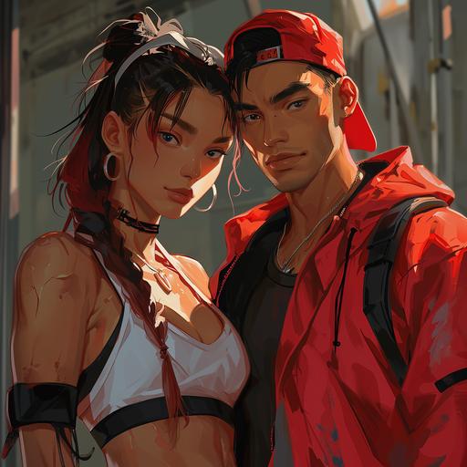 digital painting illustration, anime style; female and male character, workingout clothes, messi hair, sweaty put confident satisfaction in their faces.and , they are wearing a modern workout clothing , with red lining and accents; gym partial background; full body --v 6.0 --s 250