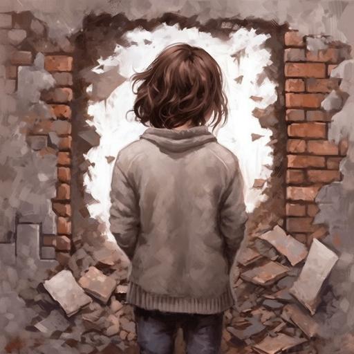 digital painting, kid, facing away from camera, brown hair, torn gray sweater, long sleeves, hold book, crumbling stone wall