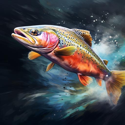 digital painting of a trout jumping out of the water on an artificial fly, close-up of the body