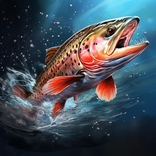 digital painting of a trout jumping out of the water on an artificial fly, close-up of the body
