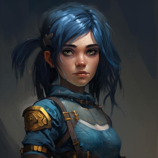 digital painting style halfling rogue criminal female blue hair blue eyes gifted in the chest area