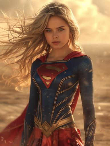 digitally modified image of tween Supergirl, long hair is flying in the wind, red skirt, red boots, a film directed by Andy Muschietti, realistic human figures, mechanical realism, red and blue, titanium alloy, carbon fiber --ar 3:4 --stylize 750 --v 6.0