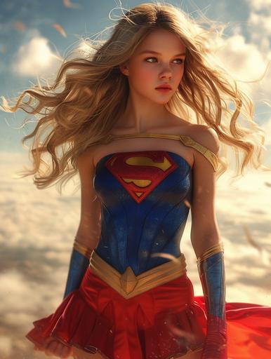 digitally modified image of tween Supergirl, long hair is flying in the wind, red skirt, red boots, in the style of charming anime characters, a film directed by Andy Muschietti, realistic human figures, mechanical realism, red and blue, titanium alloy, carbon fiber,(insanely detailed), highly detailed photo, photorealistic, hyperrealism --ar 3:4 --stylize 350 --v 6.0