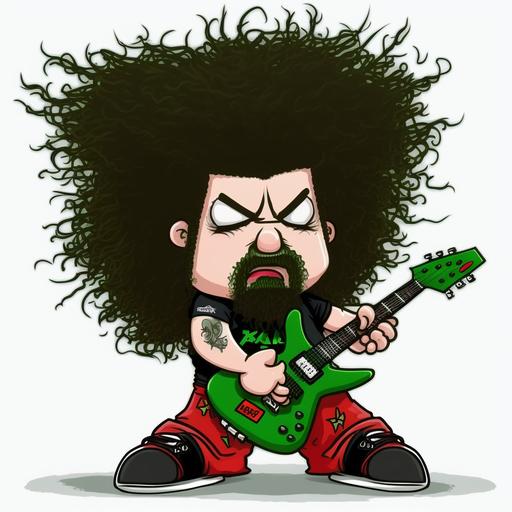 dimebag Darrell abbot of Pantera. as a baby/ toddler. with a red goatee beard. dark brown/ black hair. sat on the floor holding a green and black electric guitar. white background. cartoon style.