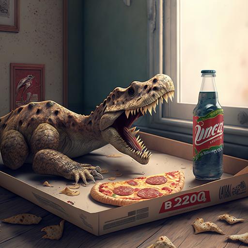 dinosaurio animado eating delicious pizza and coca cola