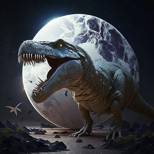 dinosaurio chistoso con alas COMIÉNDOSE la luna, 3D, realistic, futurist