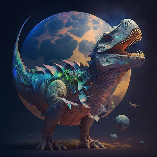 dinosaurio chistoso con alas COMIÉNDOSE la luna, 3D, realistic, futurist