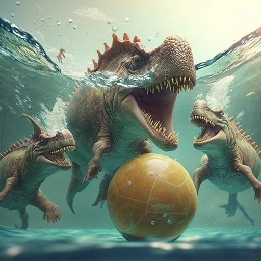 dinosaurs playing volleyball in a swimming pool, bubbles in the air, realistic photo, 4k