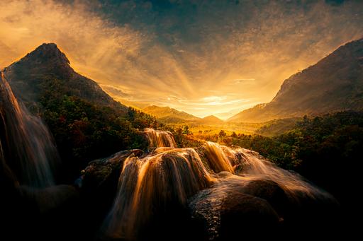 dinstant sunset over mountains and waterfalls on candyplanet, golden hour, landscape, waterfall, photorealistic, 12mm, f8.0, --ar 15:10