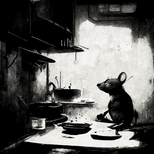 dirty kitchen, rat standing on a plate, dark ambient, anime artstyle