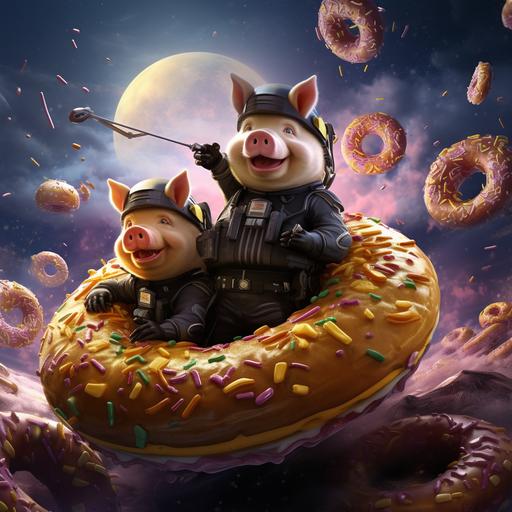 dirty pigs dressed as a policeman in a gold and black uniform, they are riding huge donuts as donut ships through space and multiple universes, laughing eating donuts and smiling creepy, lots of donuts in space donut landscape with cinematic details, donuts, depth, dimensional travel on donuts