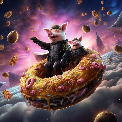 dirty pigs dressed as a policeman in a gold and black uniform, they are riding huge donuts as donut ships through space and multiple universes, laughing eating donuts and smiling creepy, lots of donuts in space donut landscape with cinematic details, donuts, depth, dimensional travel on donuts