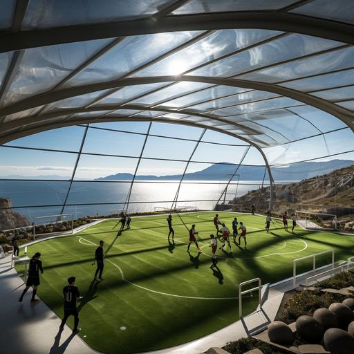 diseño de un centro de alto rendimiento para futbolistas profesionales en el lago titicaca con una arquitectura industrial pero con detalles de la arquitecta zaha hadid, imagenes interiores del gym , sala de trofeos , albergue , comedores y sala de juegos, canchas de futbol