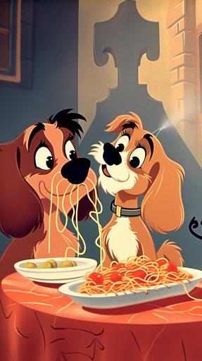 disney , lady and the tramp , sharing spaghetti with meatballs , cartoon , cute , full color vintage disney --ar 9:16 --v 5