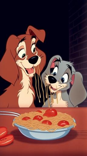 disney , lady and the tramp , sharing spaghetti with meatballs , cartoon , cute , full color vintage disney --ar 9:16 --v 5