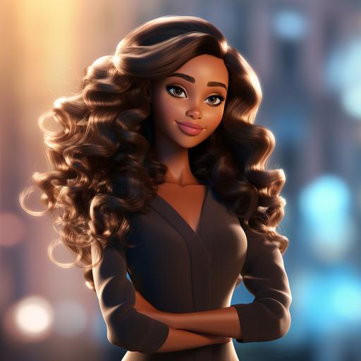 disney african american woman beautiful beyonce inspred long hair blurred background arms crossed thinking cartoon effect 3d 4k