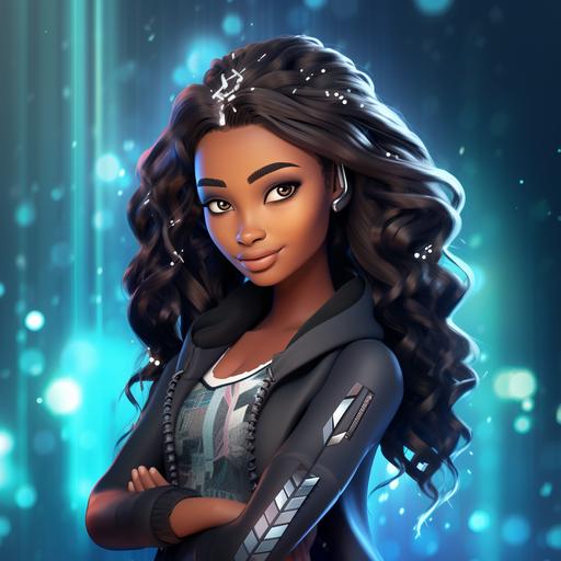 disney african american woman beautiful beyonce inspred long hair blurred background hand on cheek arms crossed thinking look cartoon effect 3d 4k cyber punk