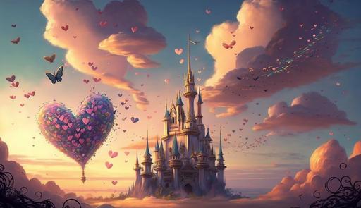 disney cartoon, tangled, fairytale, big castle, prince and princess facing eacother, butteflies, hearts, very colorful, pretty clouds, Super - Resolution --ar 16:9