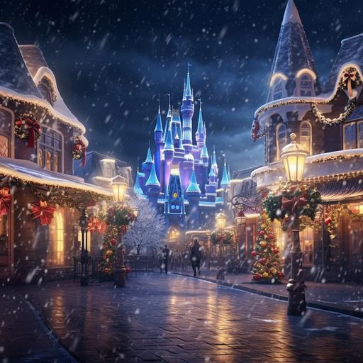 disney catle in christmas with snowfall and all christmas decrations , highly detailed, high resolution, 12K, wide angle photography