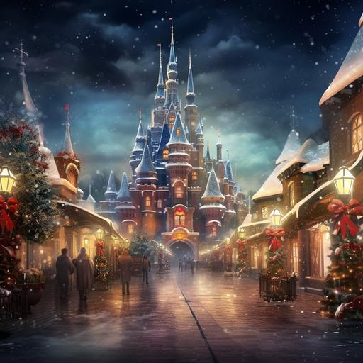 disney catle in christmas with snowfall and all christmas decrations , highly detailed, high resolution, 12K, wide angle photography