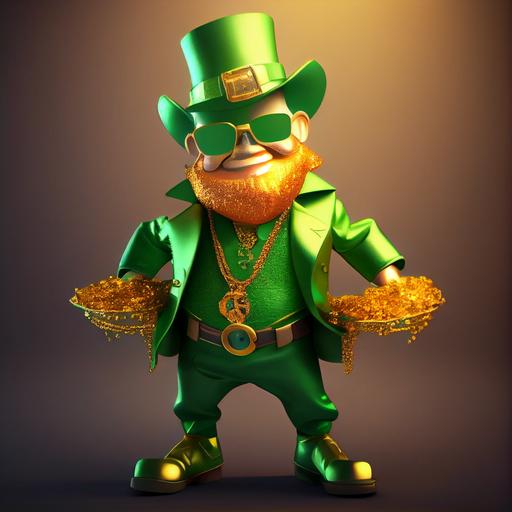 Stunning disney pixar cartoon, stunning cartoon gangster leprechaun in bright gold lighting wearing a stunning gold and green suit gold sparkly pants and sunglasses with many gold chains, stunning lighting, floating gold coins, full body ultra stunning leprechaun, full shot, confident eyes, realistic eyes, beautiful perfect symmetrical face, extremely detailed, ultra hd, hdr, 8k, cinematic, dramatic lighting, Stanley Artgerm Lau style, beautifully color - coded, studio Portrait Lighting, illuminated face, 85mm, volumetric lighting, ray tracing reflections, unreal render --upbeta --q 2 --v 4 --s 250