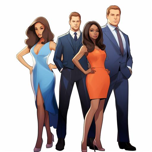 disney pixar characters of “suits”, the TV series blue, white and orange dress: two black womans featured forward: Rachel Zane (Meghan, Duquesa de Sussex) and Jessica Pearson (Gina Torres); and two men: Harvey Specter (Gabriel Macht) and Mike Ross (Patrick J. Adams); style clean, white background; main colors White blue and Orange; clean layout, proximity, vitality, intelligence; horizon, eyes to eyes, black women and people featured, racial diversity, gender diversity.