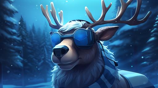 disney portrait illustration of a happy blue Christmas reindeer with technological glasses in a winter background, pine trees, not human, cartoon, style, 16K --ar 16:9