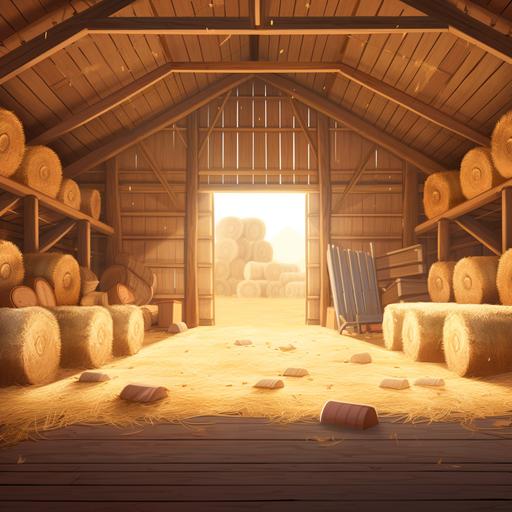 disney style cartoon cute picture of the inside of a barn with 3 hay bales stacked on one side