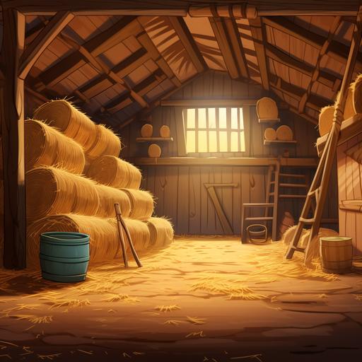 disney style cartoon, inside of a barn with the door on the left, and hay bales in the corner of the barn