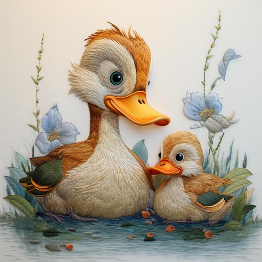disney style illustration of a mother duck, father duck and their little one following them from behind, embroidery art, no other details in the image