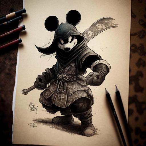 disney's mickey mouse as the most feared ninja, pencil drawing