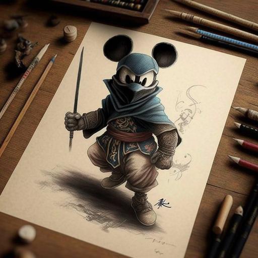 disney's mickey mouse as the most feared ninja, pencil drawing