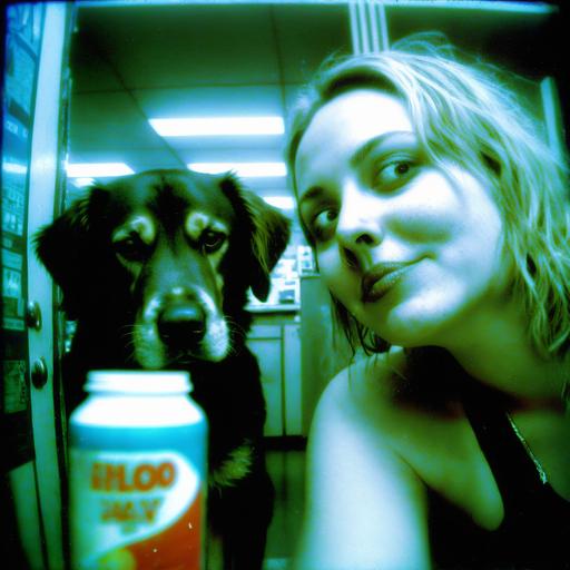 disposable camera photos of cool punk girls playing with a big fat dog at 7-11 late night big smiles wild dog cyberpunk city CCTV, candid photo,florescent light.